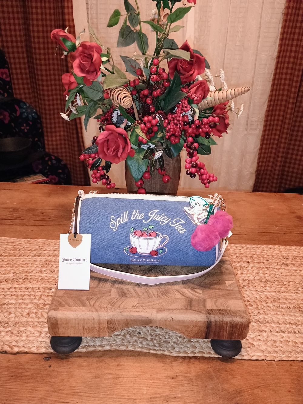 Juicy Couture 'Spill the Juicy Tea' Blue Denim Crossbody Bag with Pink Pom